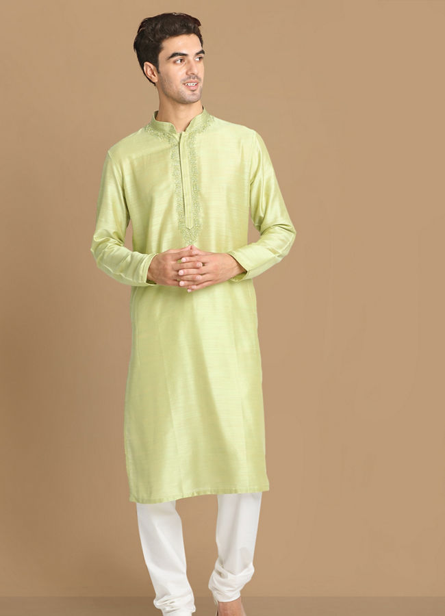 alt message - Manyavar Men Light Green Kurta Pajama With Minimal Work image number 1